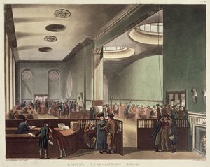 Royal Exchange, Lloyds Subscription Room, Ackermann „Microcosm of London” című művéből, 1809 (színes akvatinta)